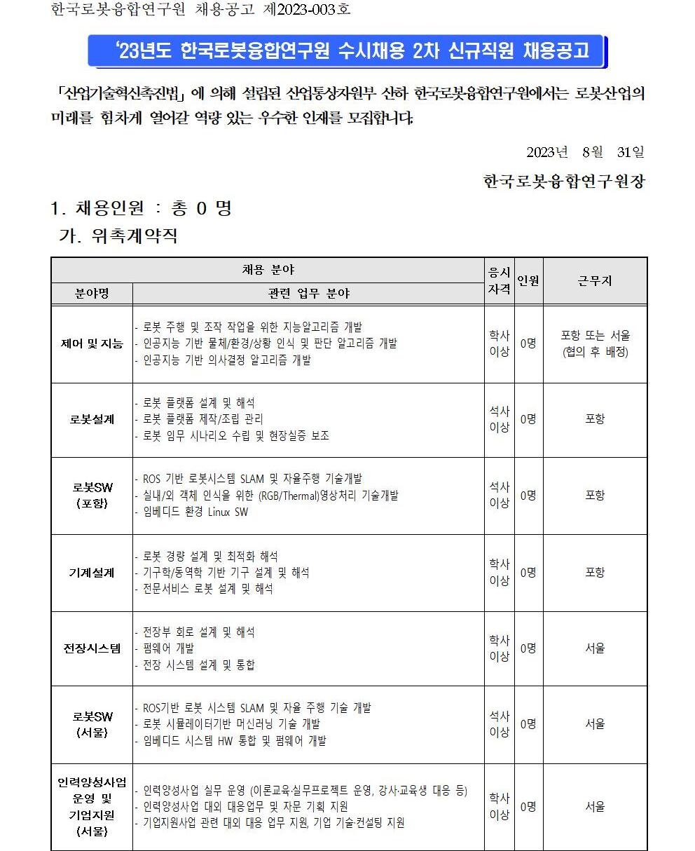 [한국로봇융합연구원] (제2023-003호) 한국로봇융합연구원 수시채용 제2차 채용공고